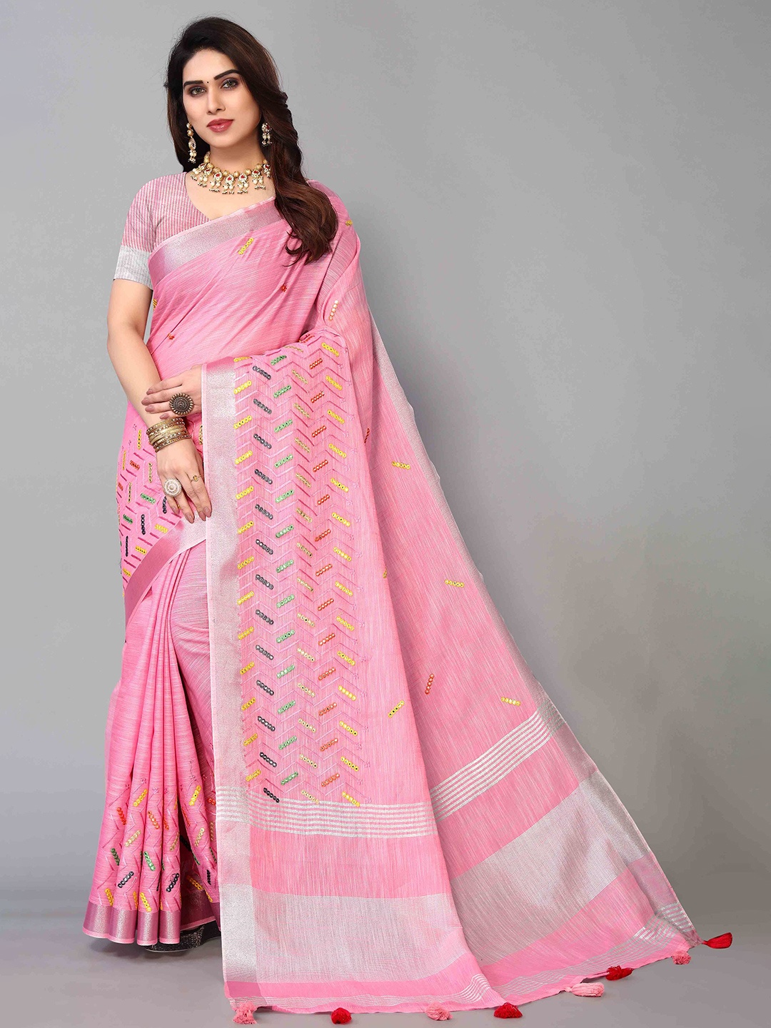

Mitera Woven Design Zari Linen Blend Saree, Pink