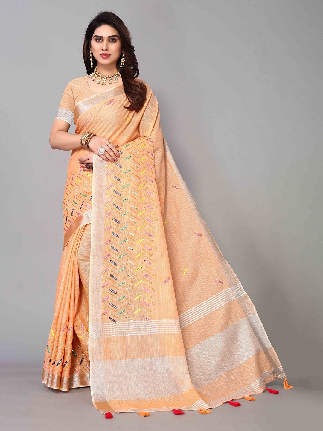 

Mitera Woven Design Mirror Work Linen Blend Saree, Orange