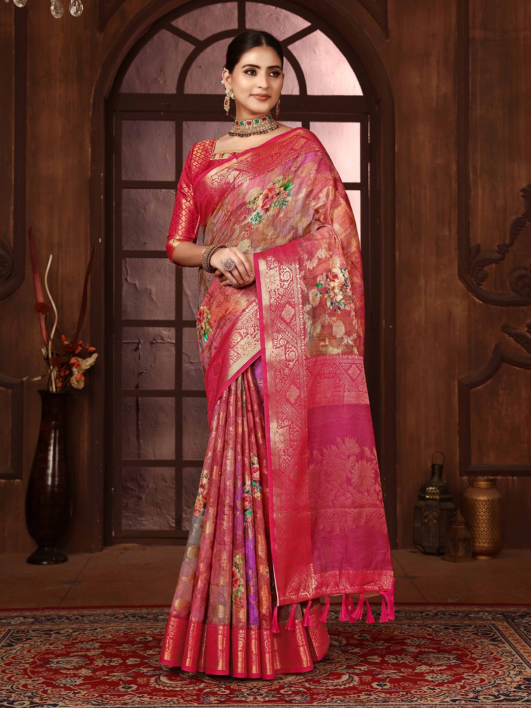 

Mitera Floral Silk Blend Handloom Saree, Pink