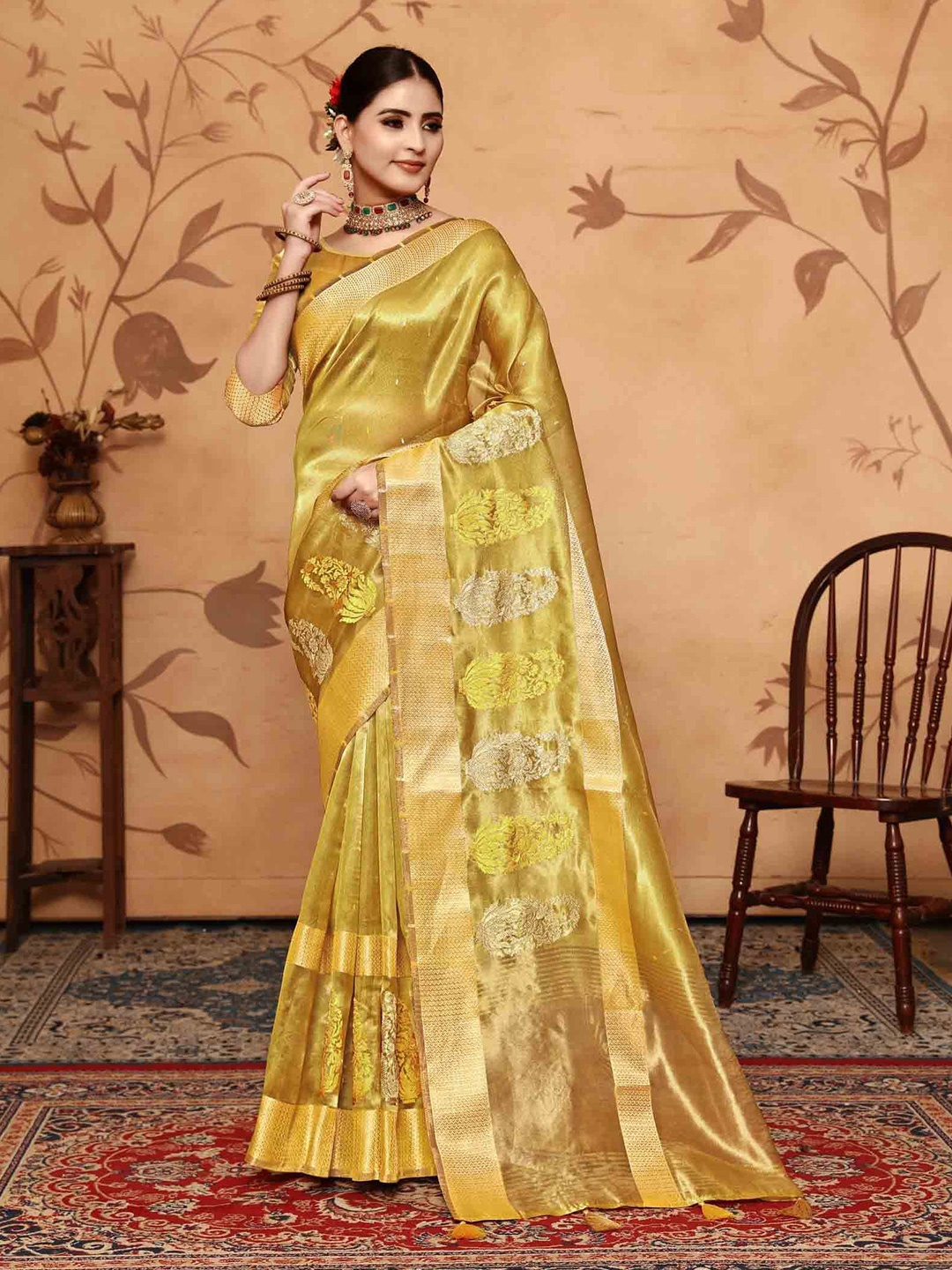 

Mitera Woven Design Zari Tissue Saree, Yellow