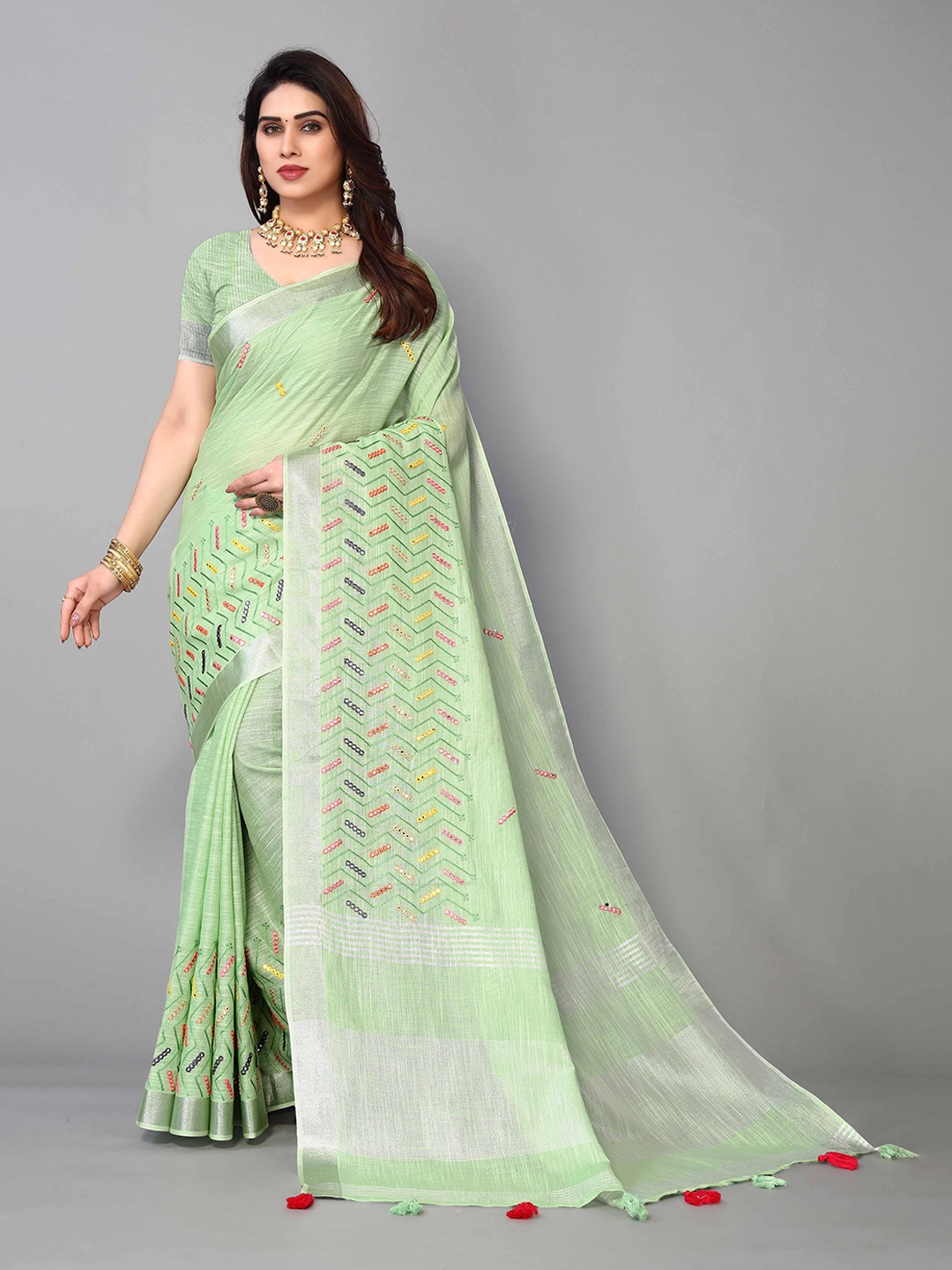 

Mitera Woven Design Mirror Work Linen Blend Saree, Green