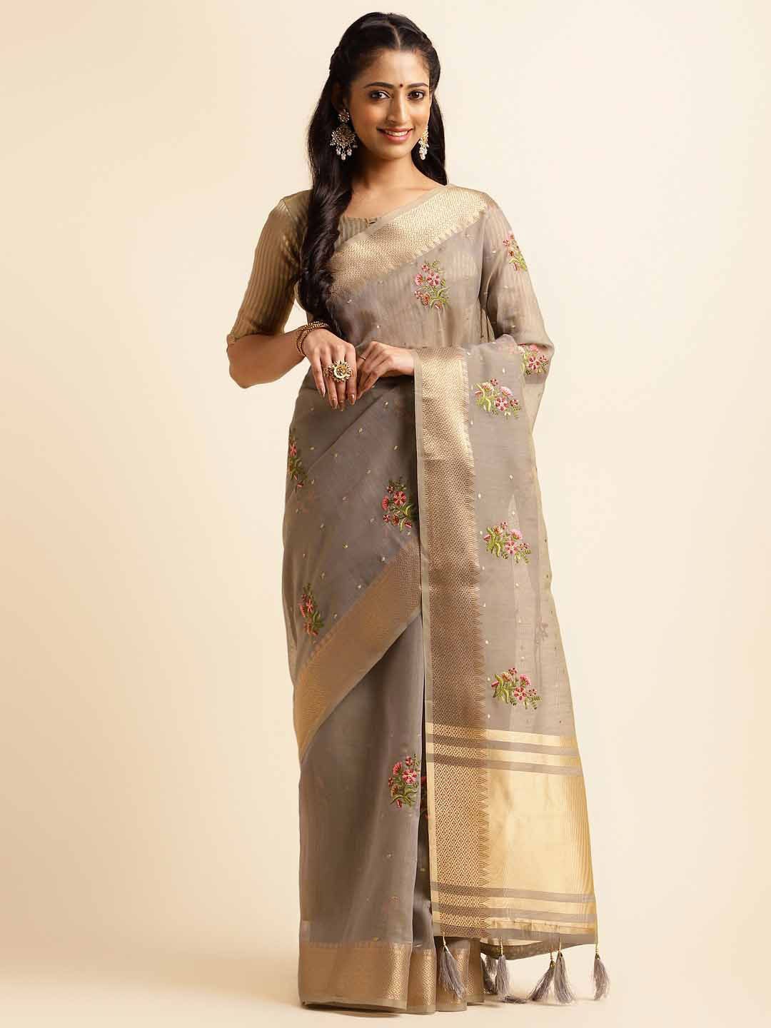 

Mitera Floral Embroidered Silk Cotton Saree, Grey