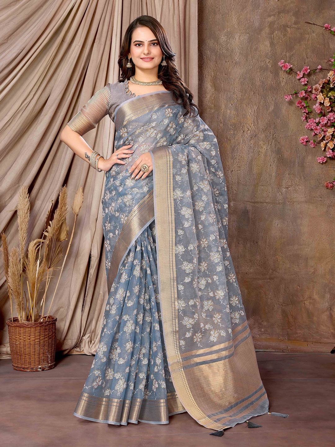 

Mitera Floral Zari Silk Blend Block Print Saree, Grey