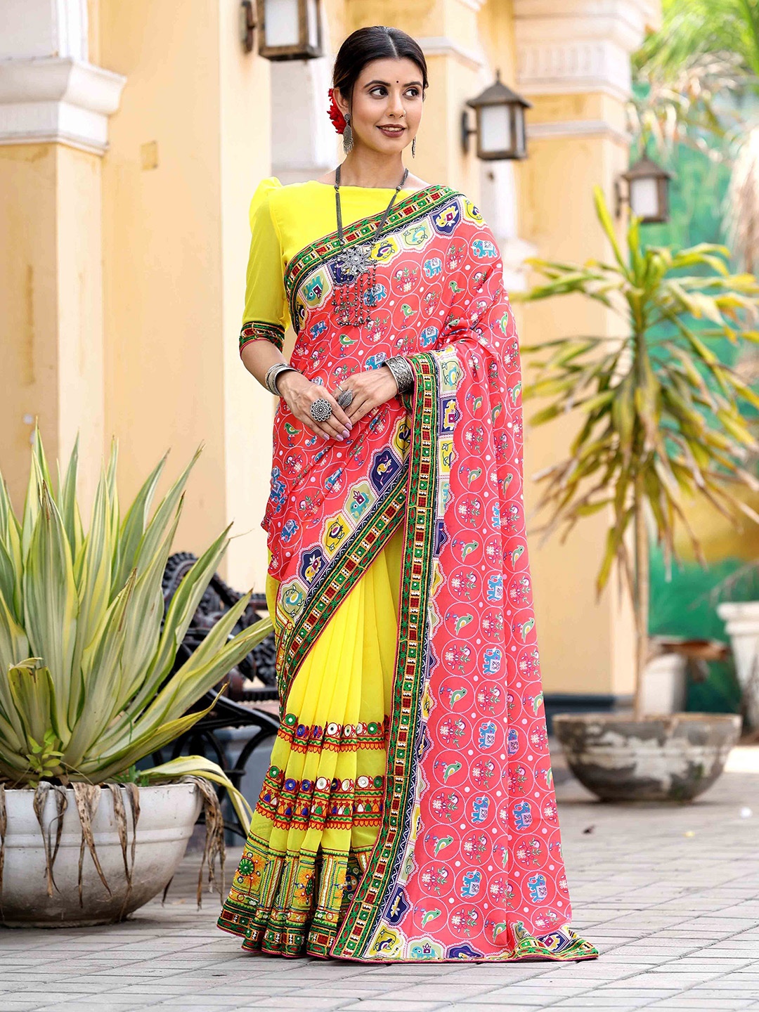 

Mitera Embellished Kutchi Embroidery Poly Georgette Designer Patola Saree, Pink