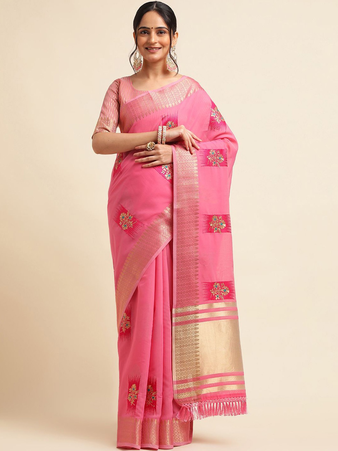

Mitera Woven Design Zari Linen Blend Saree, Pink