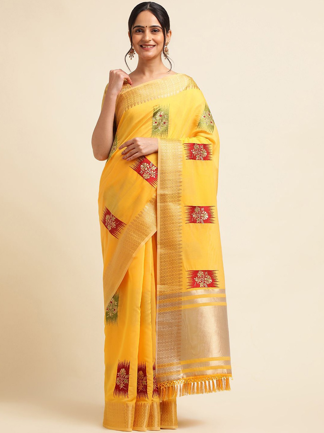 

Mitera Floral Zari Linen Blend Saree, Yellow