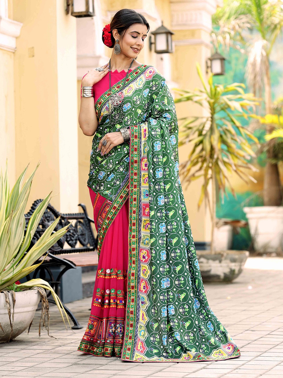 

Mitera Floral Kutchi Embroidery Poly Georgette Patola Saree, Green