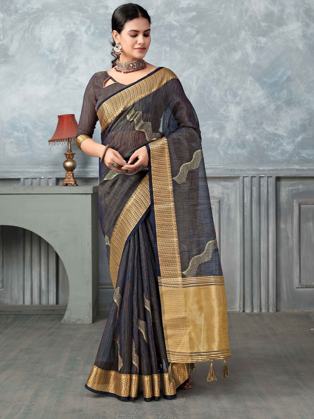 

Mitera Ethnic Motifs Sequinned Tissue Saree, Navy blue