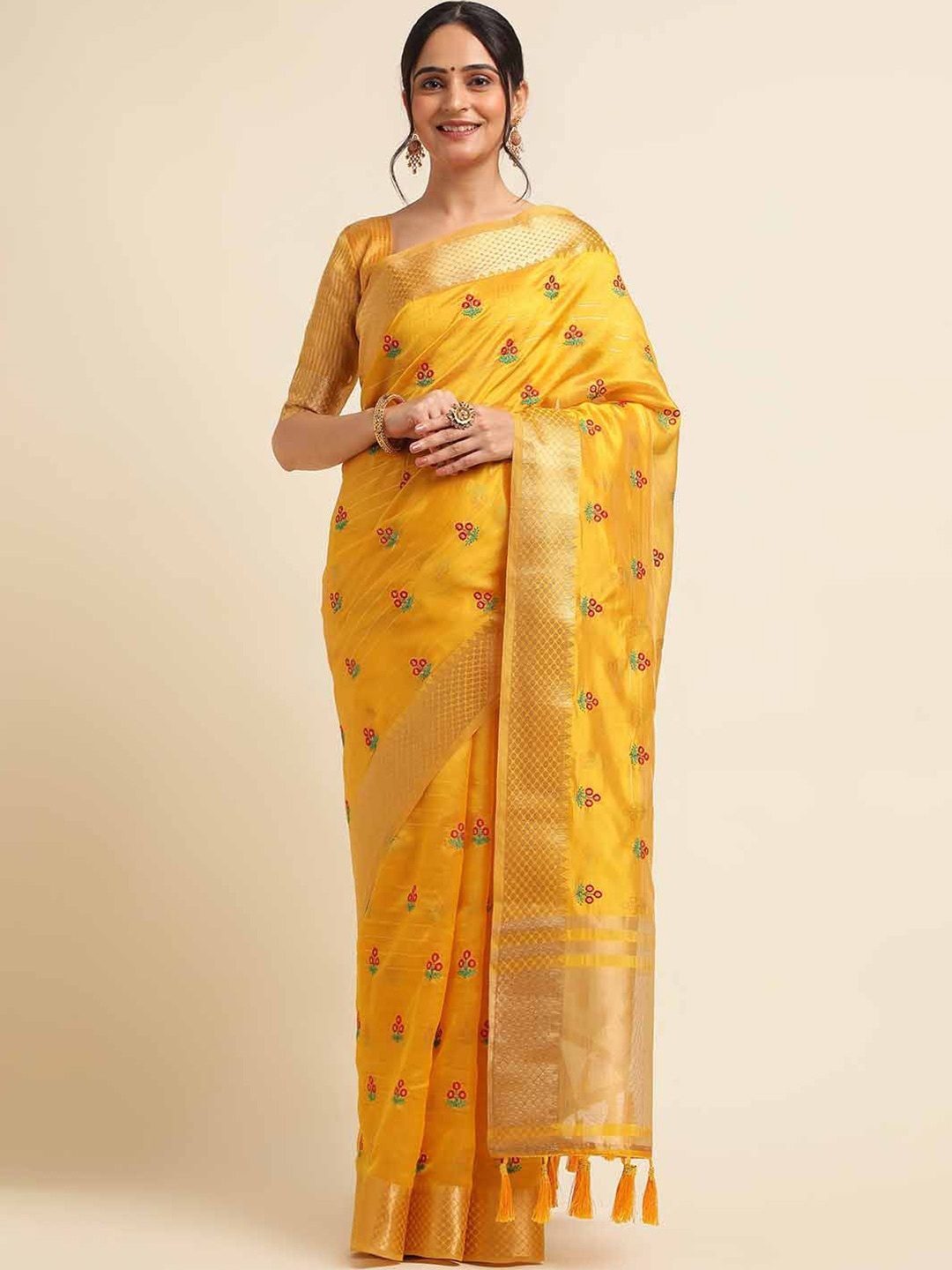 

Mitera Floral Zari Silk Cotton Saree, Yellow