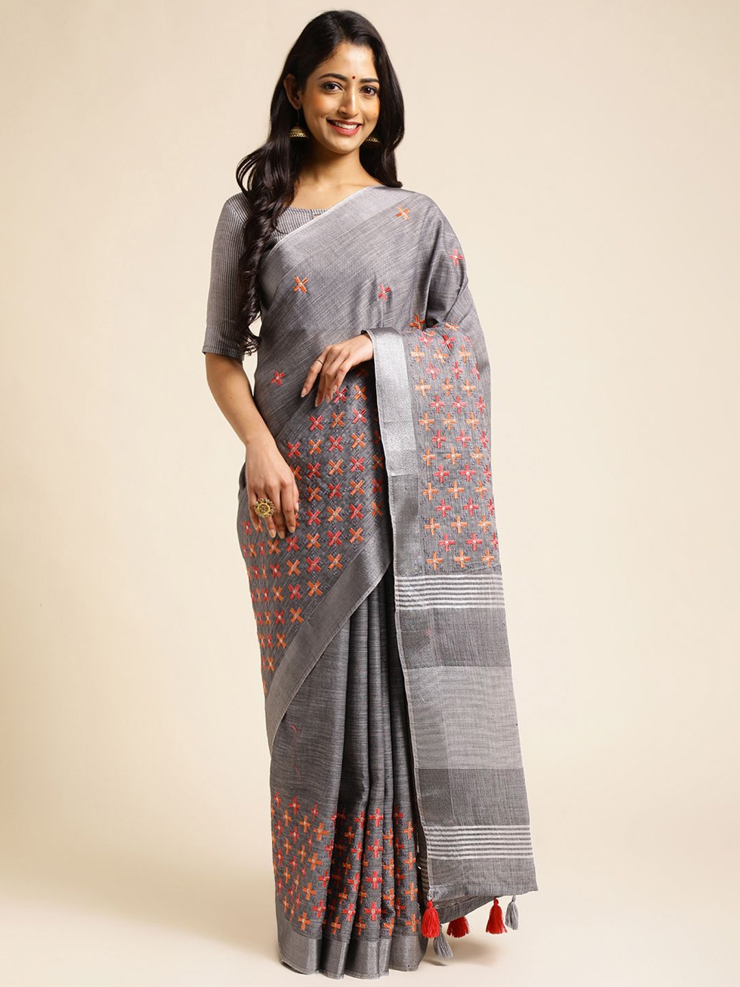 

Mitera Floral Embroidered Linen Blend Saree, Grey