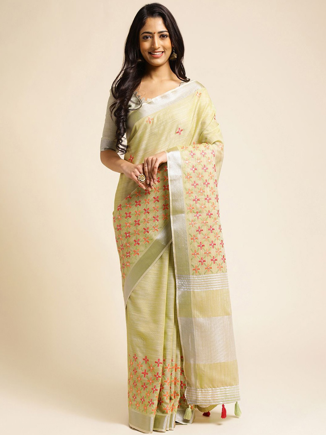 

Mitera Floral Linen Blend Handloom Saree, Green