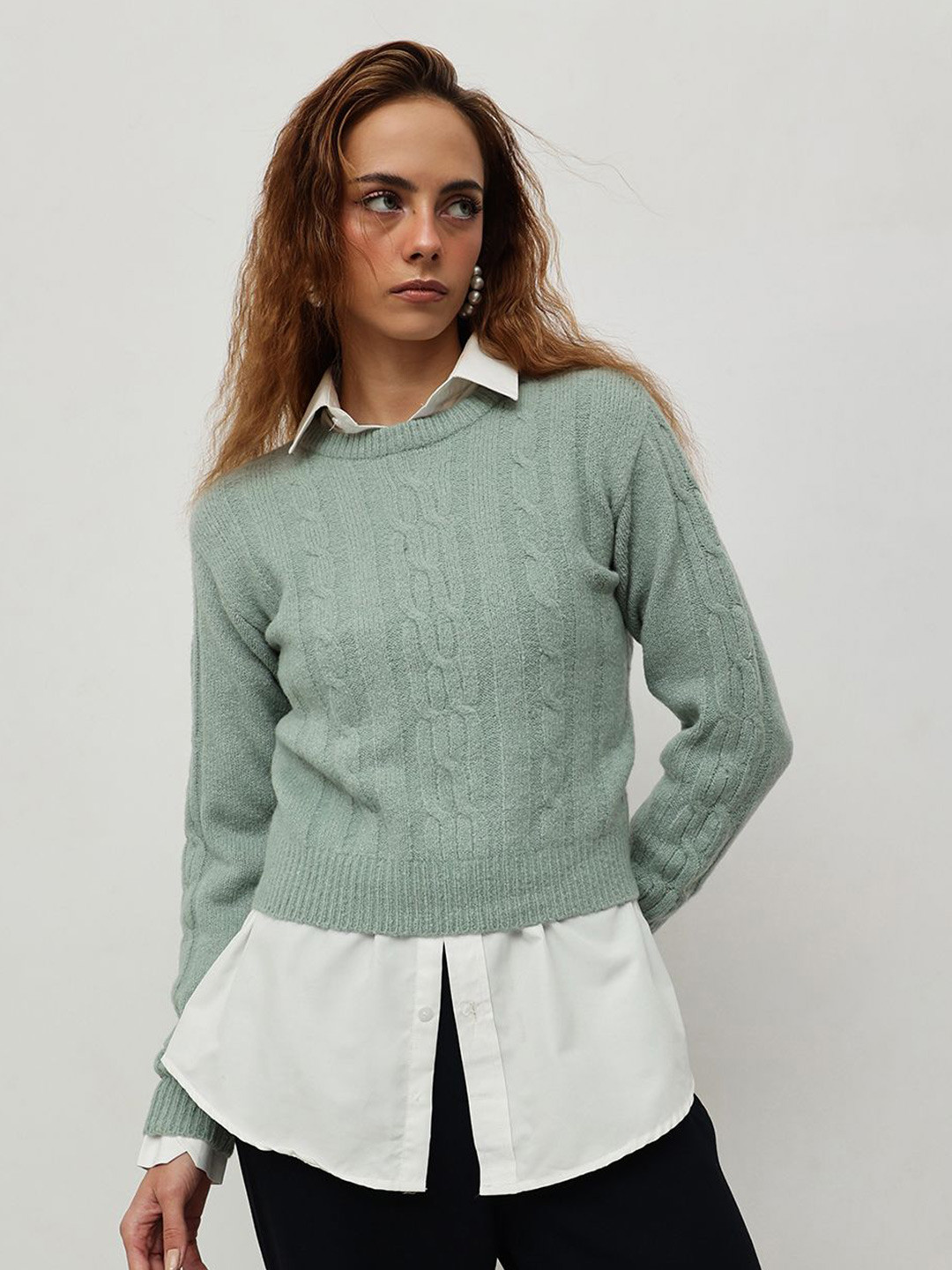 

STREET 9 Women Cable Knit Crop Pullover, Green