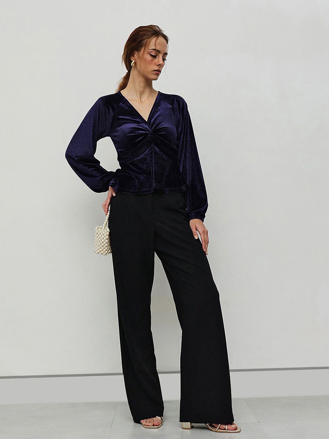 

STREET 9 Velvet Blouson Top, Navy blue