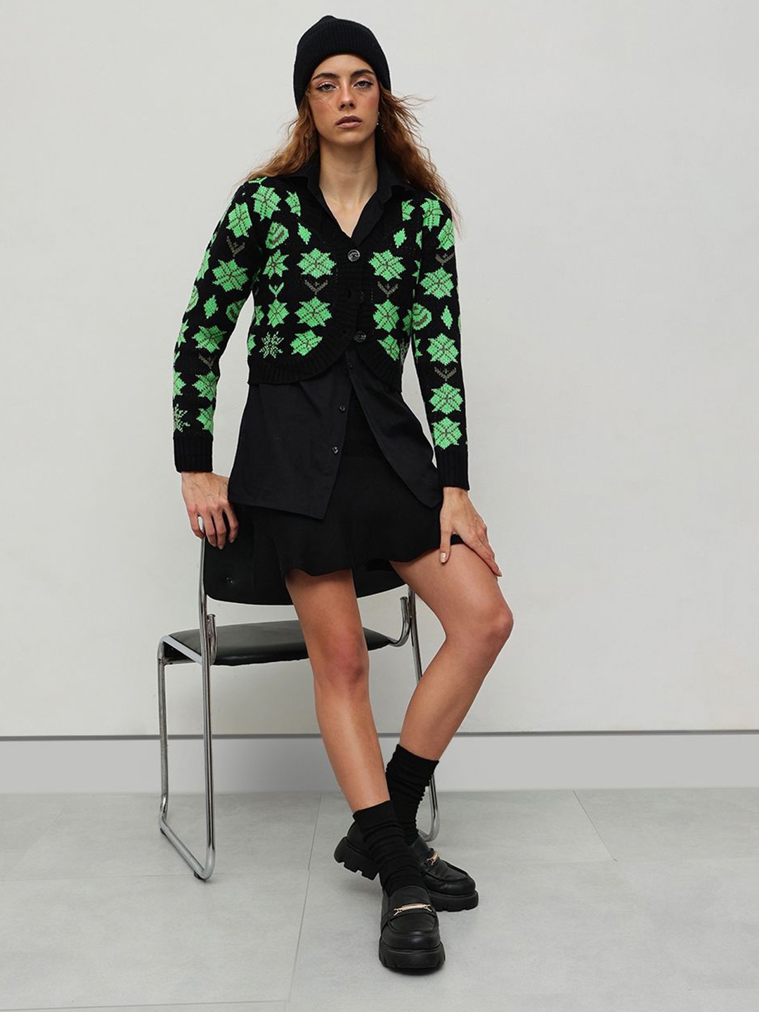 

STREET 9 Women Printed Cardigan, Black