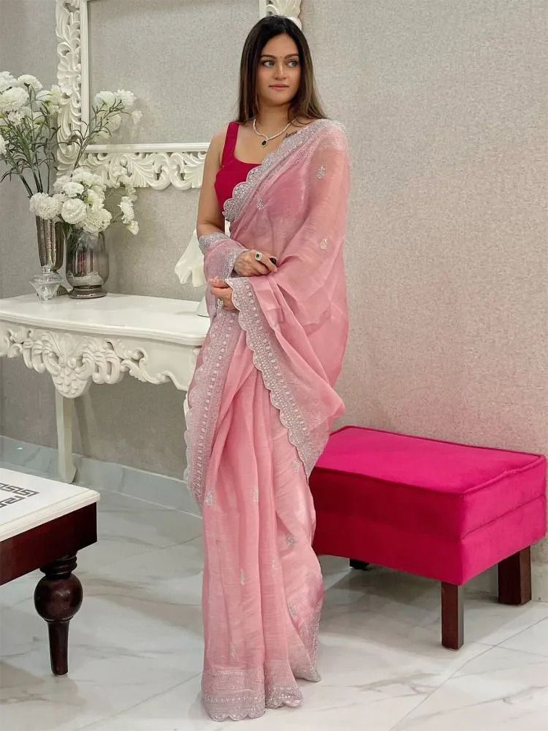 

STYLEELITE Aari Work Tissue Saree, Pink