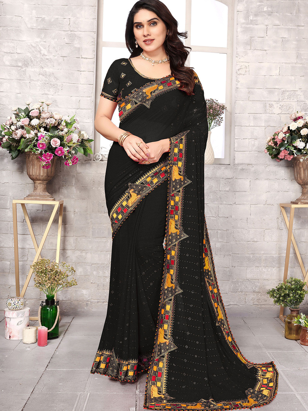 

KHRITI FAB Embellished Kutchi Embroidery Pure Georgette Saree, Black
