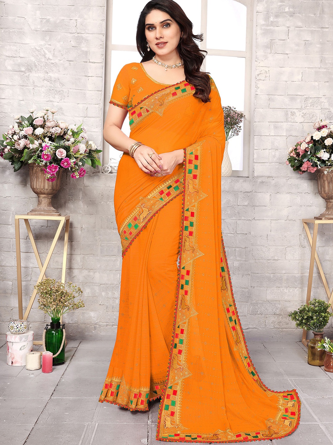 

KHRITI FAB Floral Zari Pure Georgette Saree, Yellow