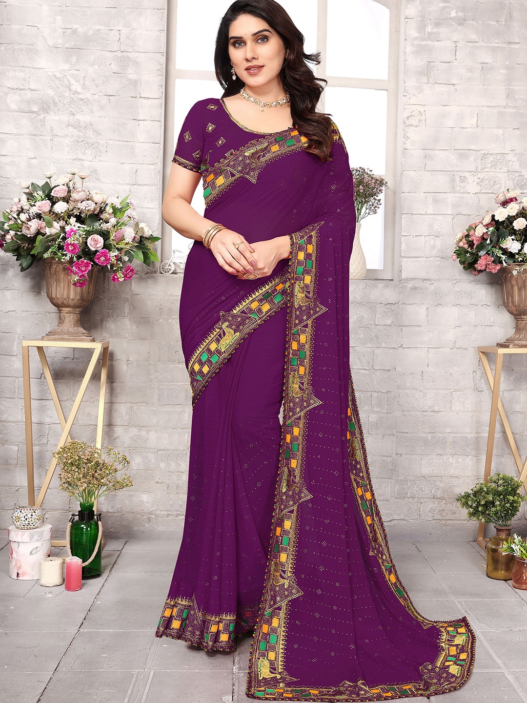 

KHRITI FAB Embellished Pure Georgette Saree, Purple