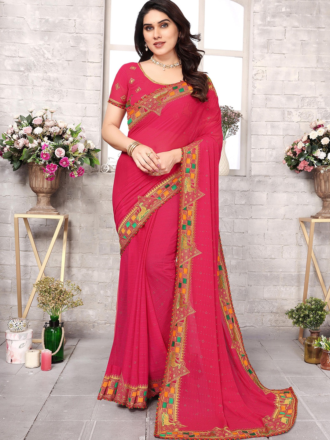 

KHRITI FAB Embellished Embroidered Pure Georgette Saree, Pink