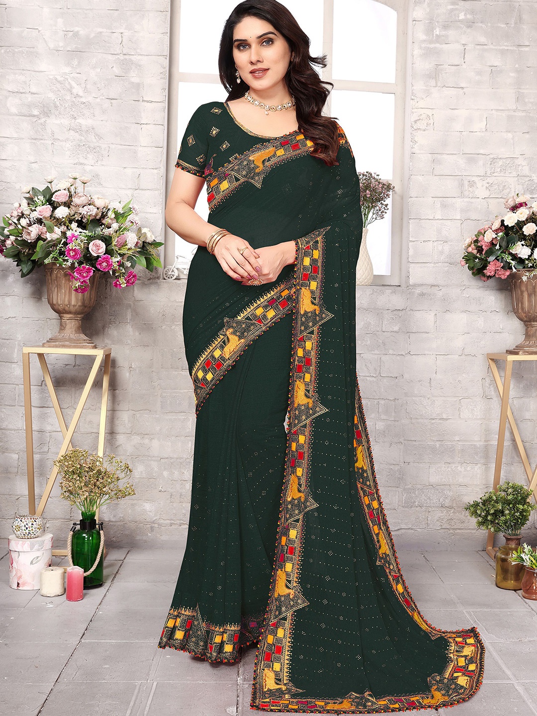 

KHRITI FAB Woven Design Zari Pure Georgette Saree, Green