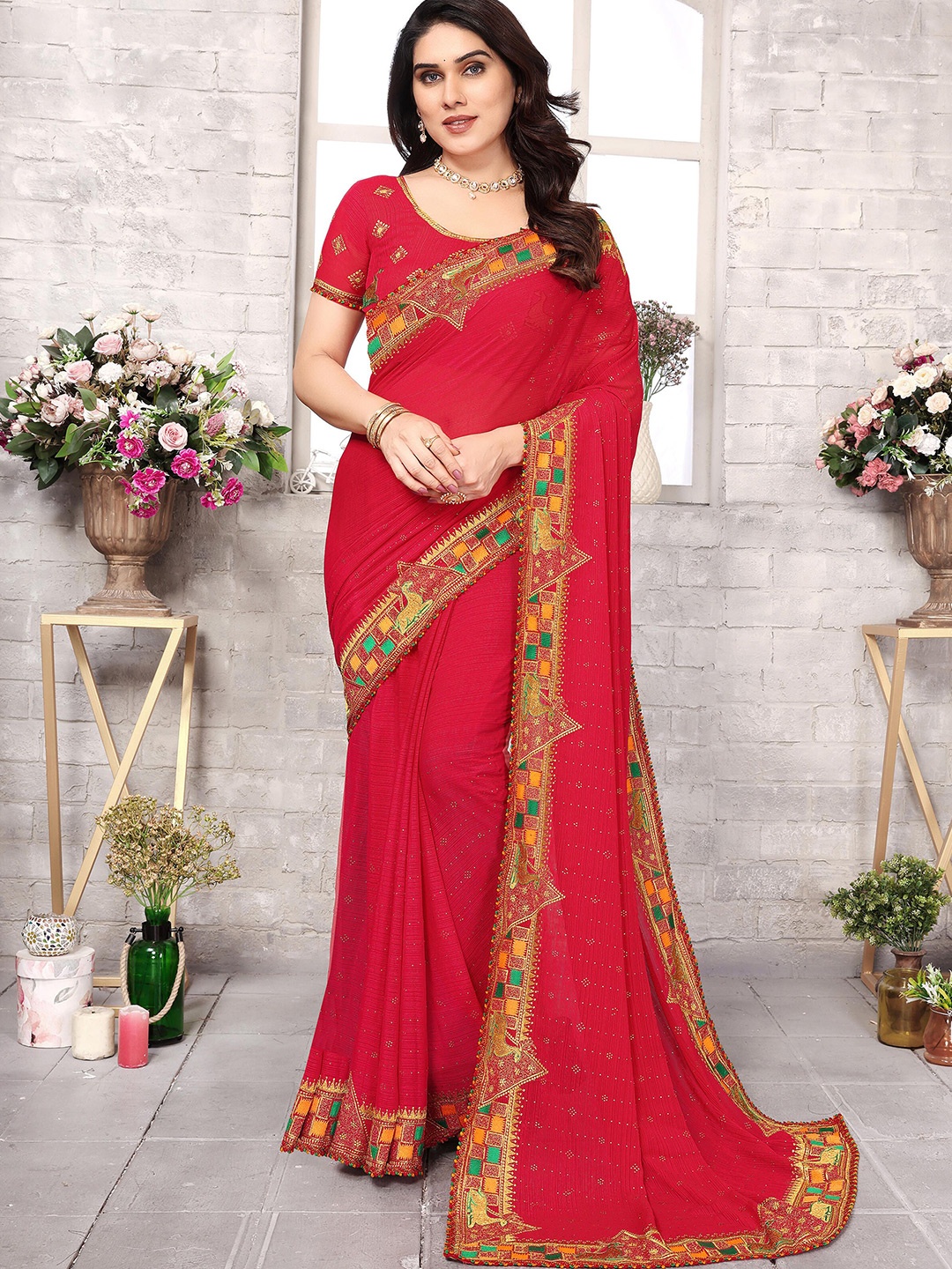 

KHRITI FAB Embellished Kutchi Embroidery Pure Georgette Saree, Red