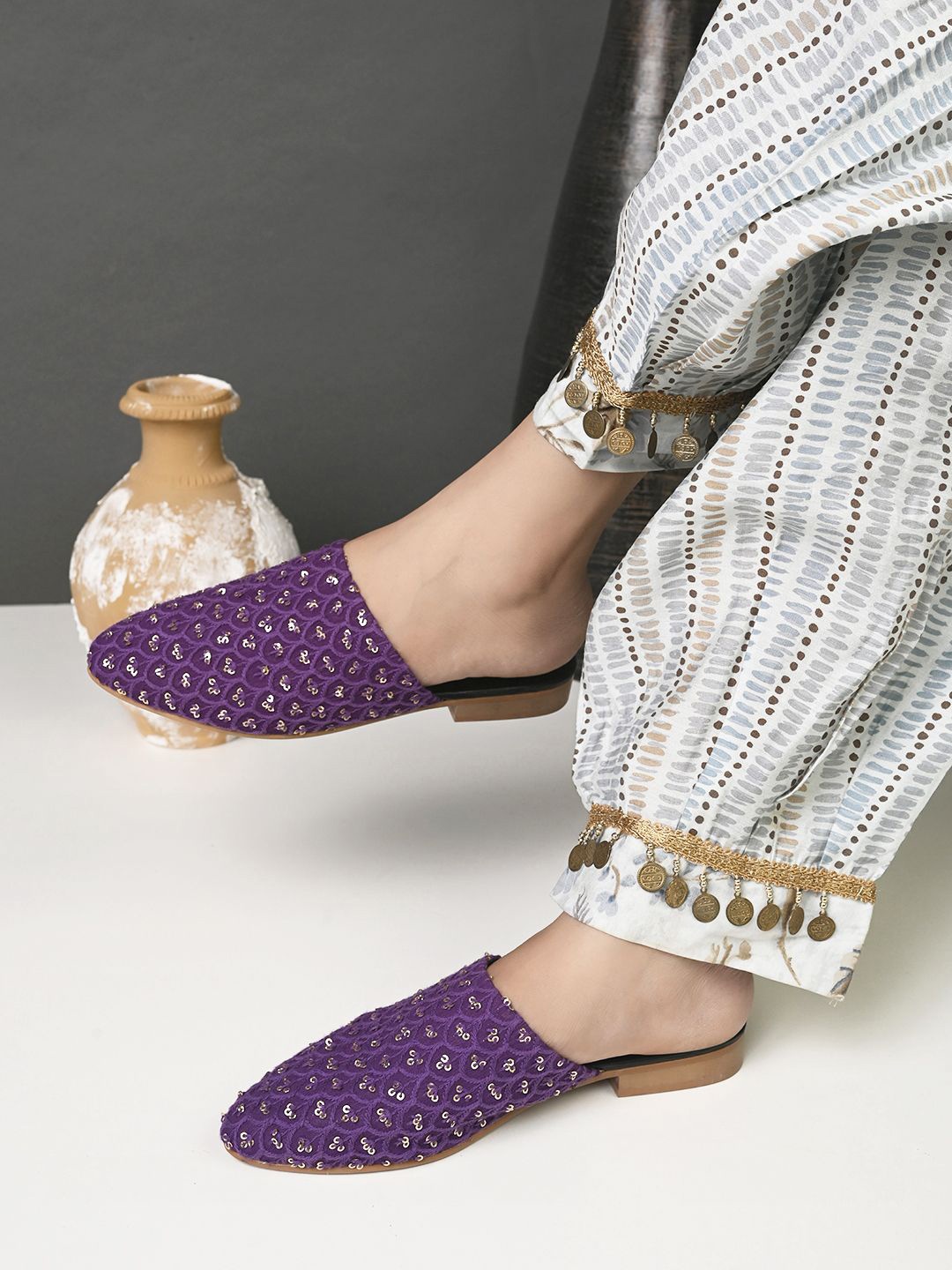 

HOUSE OF SAANJ Women Ethnic Mules Flats, Purple
