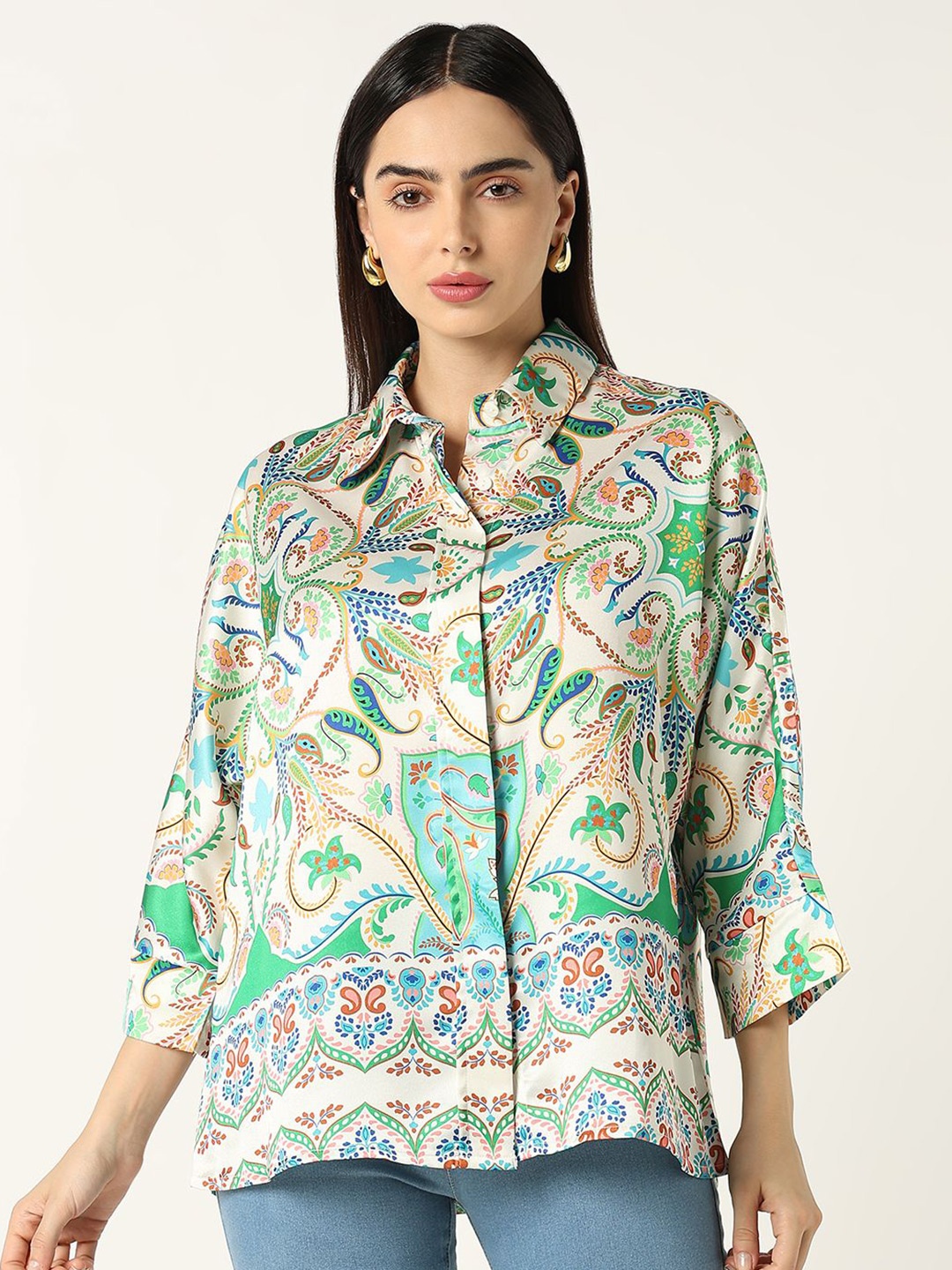 

R&B Women Floral Opaque Printed Casual Shirt, White