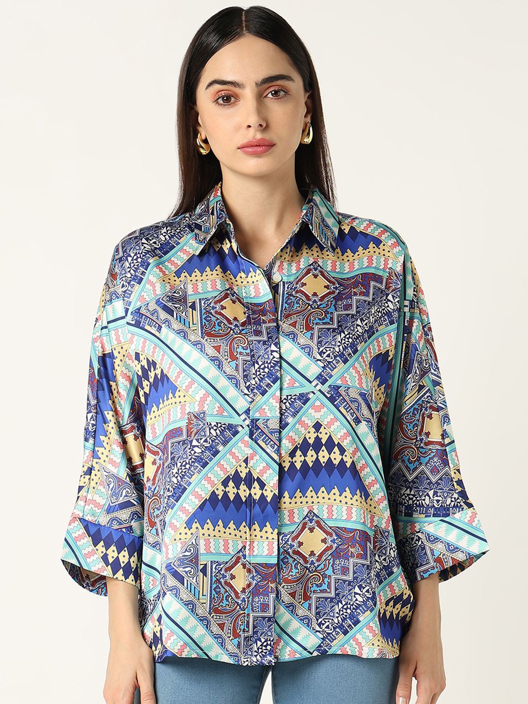 

R&B Women Opaque Printed Casual Shirt, Blue