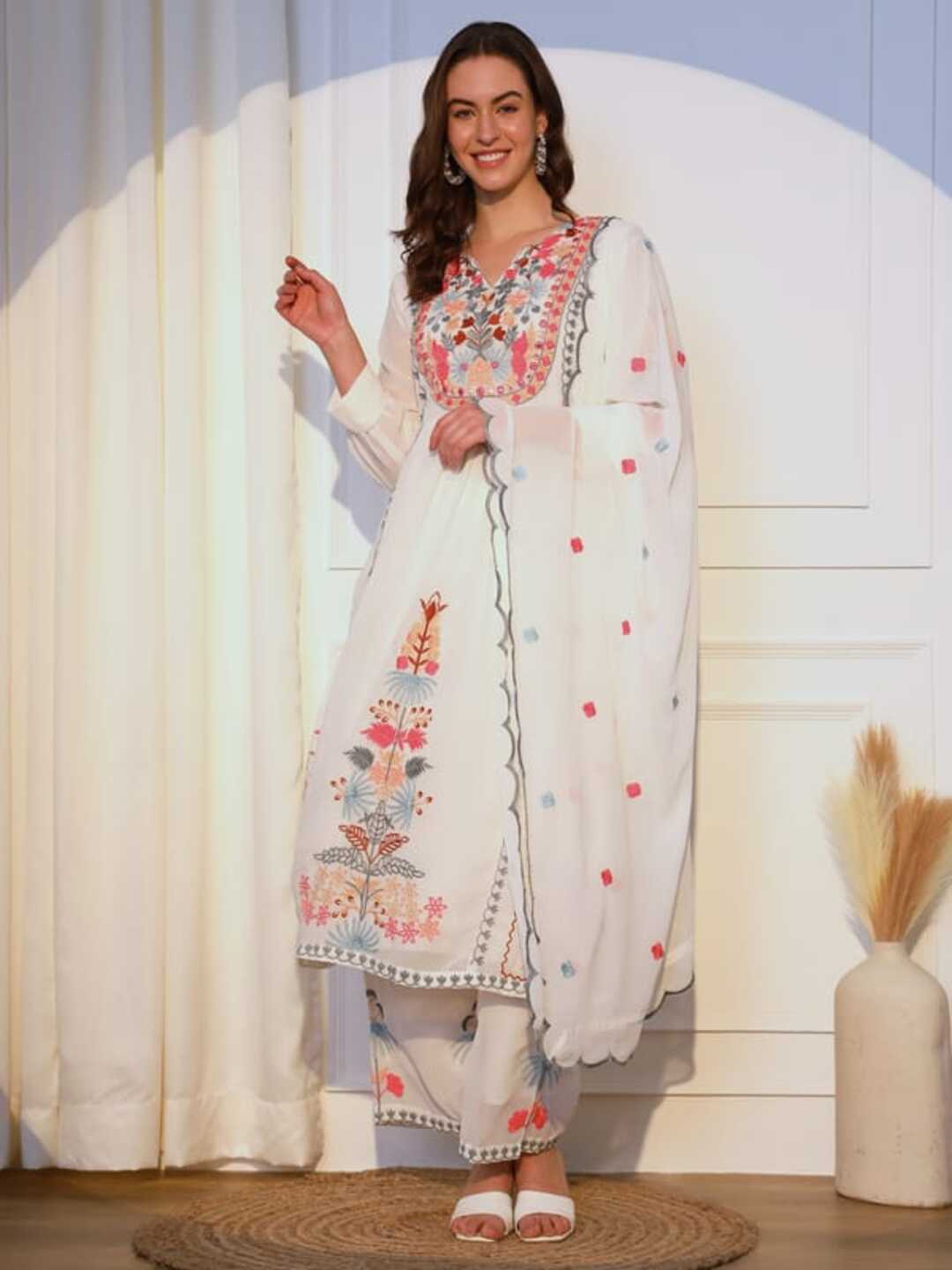 

SHIJILA Women Floral Embroidered Regular Kurta with Trousers & With Dupatta, White
