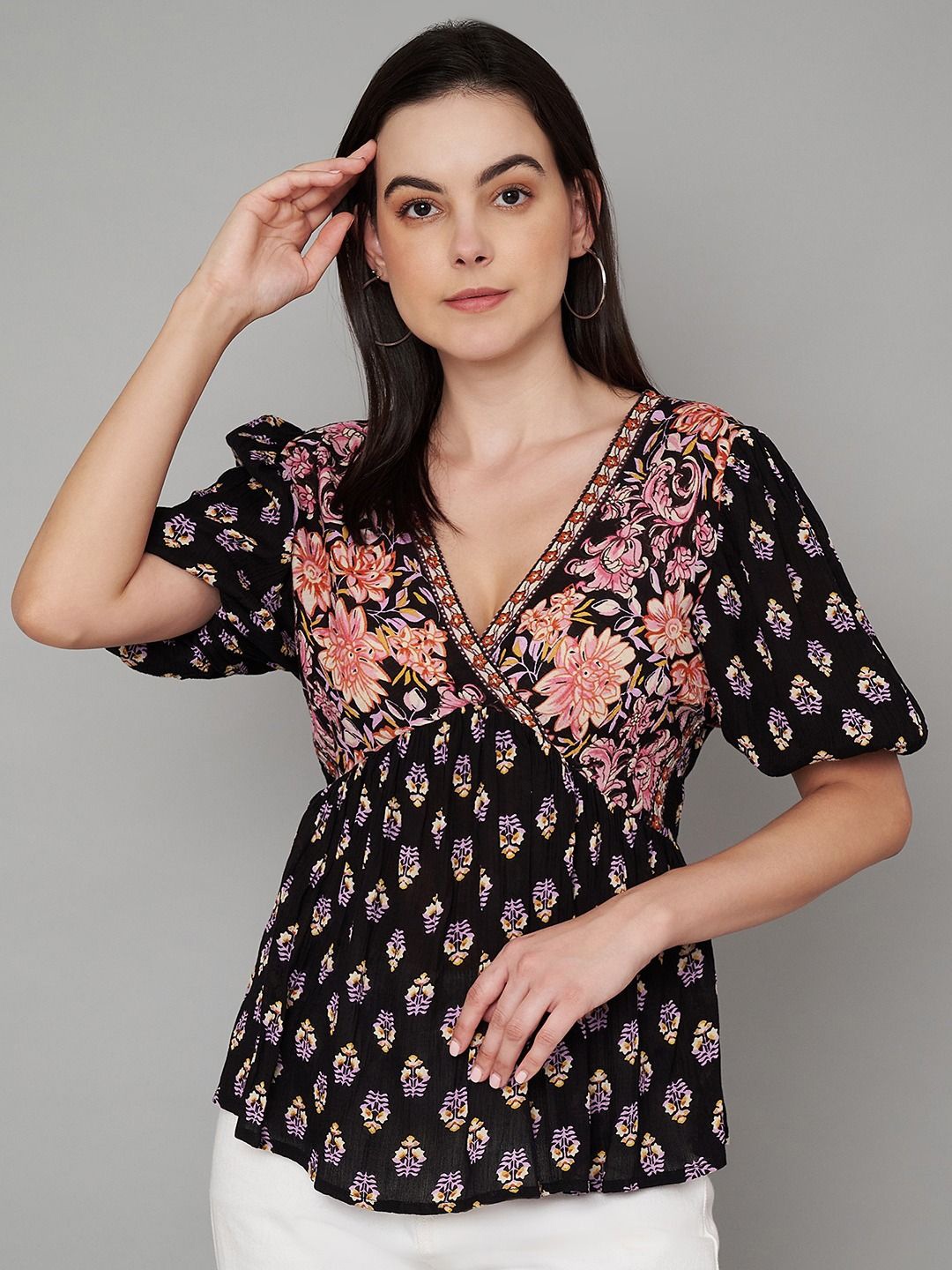 

VELDRESS Floral Print Crepe Top, Black