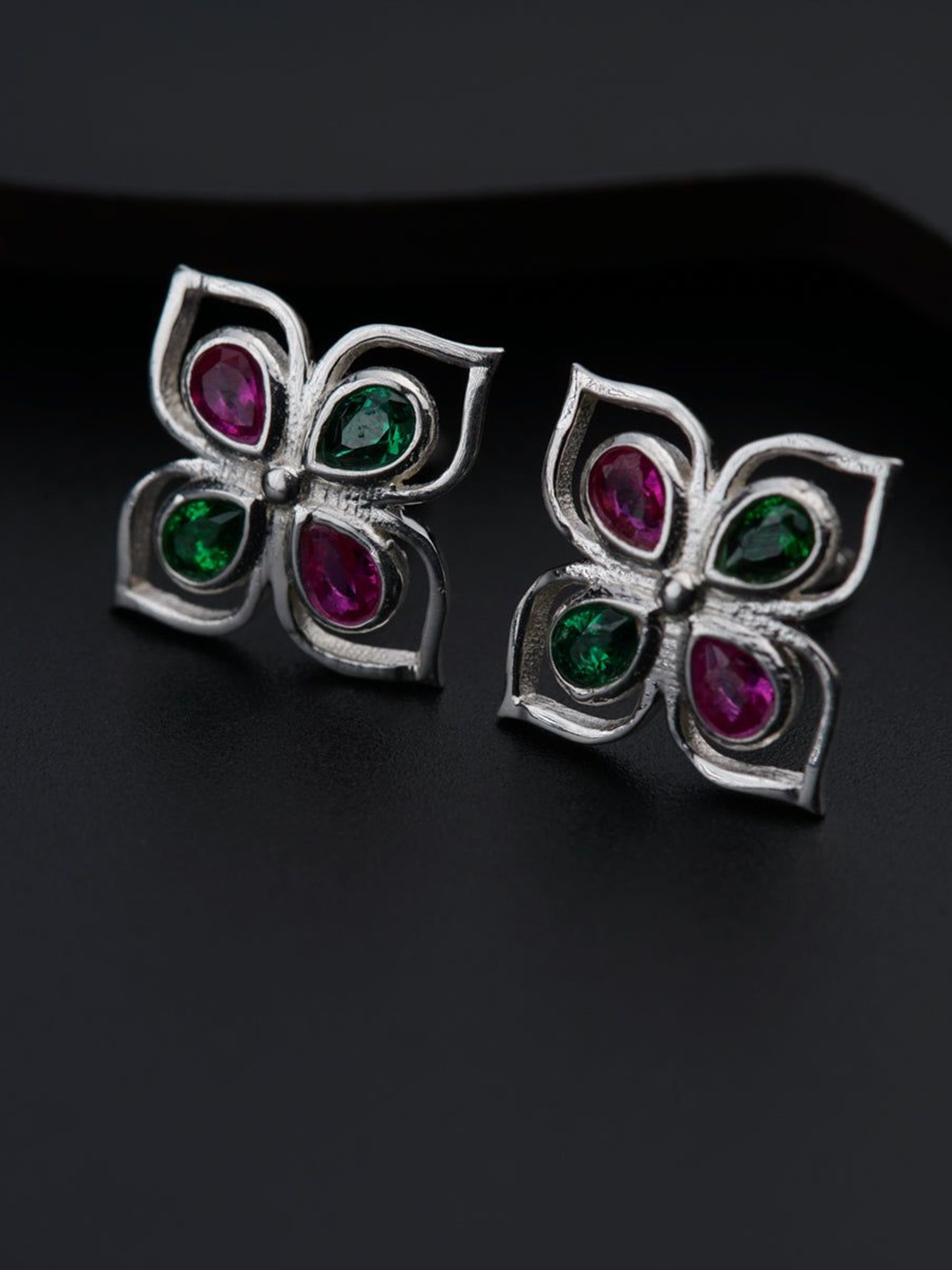 

House of Aadyaa Sterling Silver Stone Studded Floral Studs Earrings