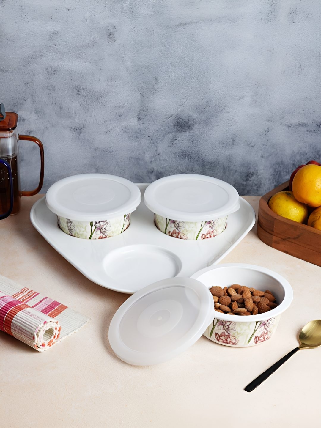 

ceradeco White 3 Pieces Printed Dishwasher and Microwave Safe Container & Tray