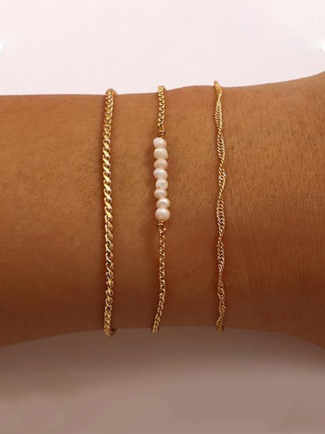 

StyleCast x Revolte Set Of 3 Stainless Steel Gold-Plated Pearls Armlet Bracelets