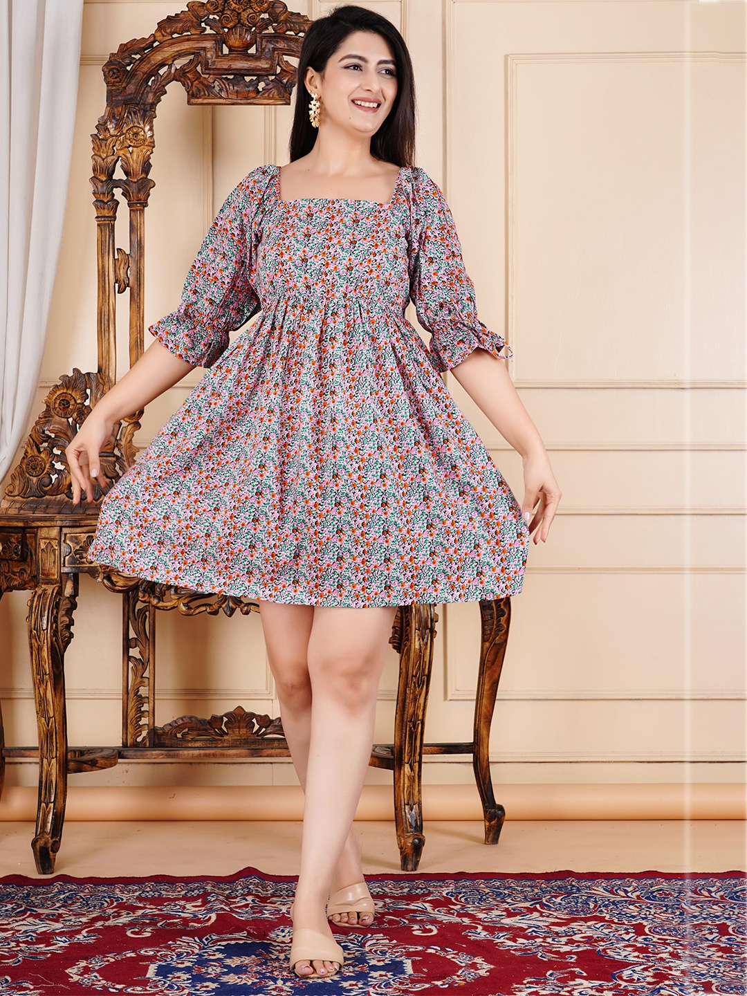 

DMPRSN ATTIRE Women Floral Print Layered Fit & Flare Dress, Orange