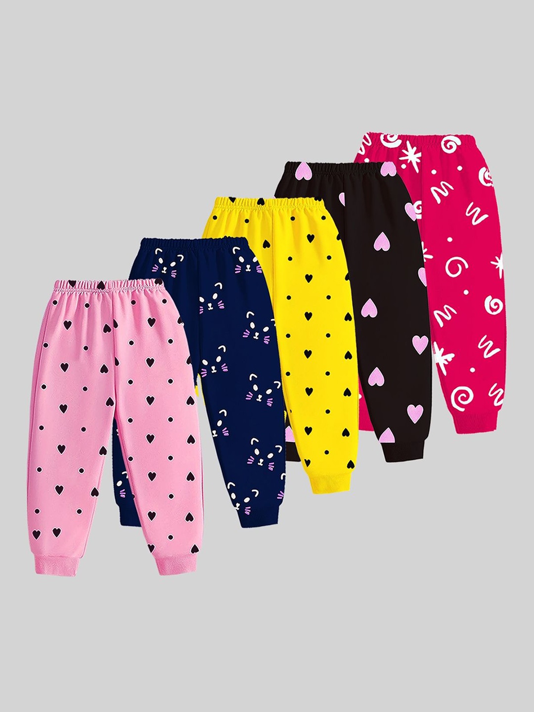 

KUCHIPOO Girls Pack Of 5 Printed Mid Rise Joggers, Pink