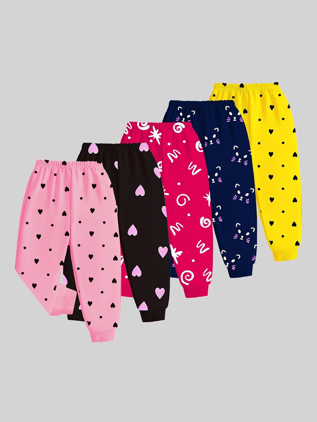 

KUCHIPOO Girls Pack Of 5 Printed Cotton Joggers, Pink