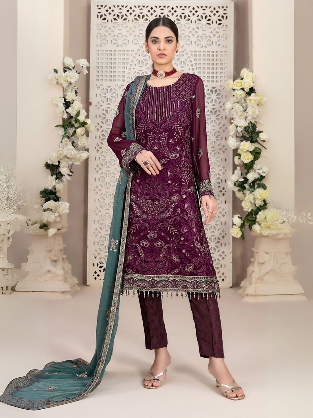 

ODETTE Floral Embroidered Thread Work Kurta With Trousers & Dupatta, Purple