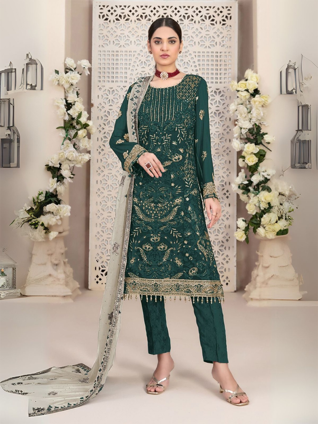 

ODETTE Women Ethnic Motifs Embroidered Sequinned Georgette Kurta With Trousers & Dupatta, Green