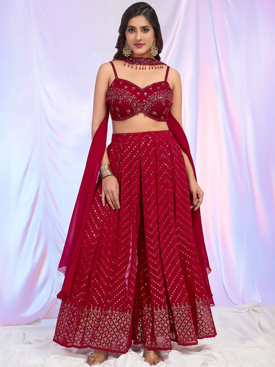 

Alaya Advani Floral Embroidered Shoulder Straps Sequinned Top With Palazzo & Dupatta, Red