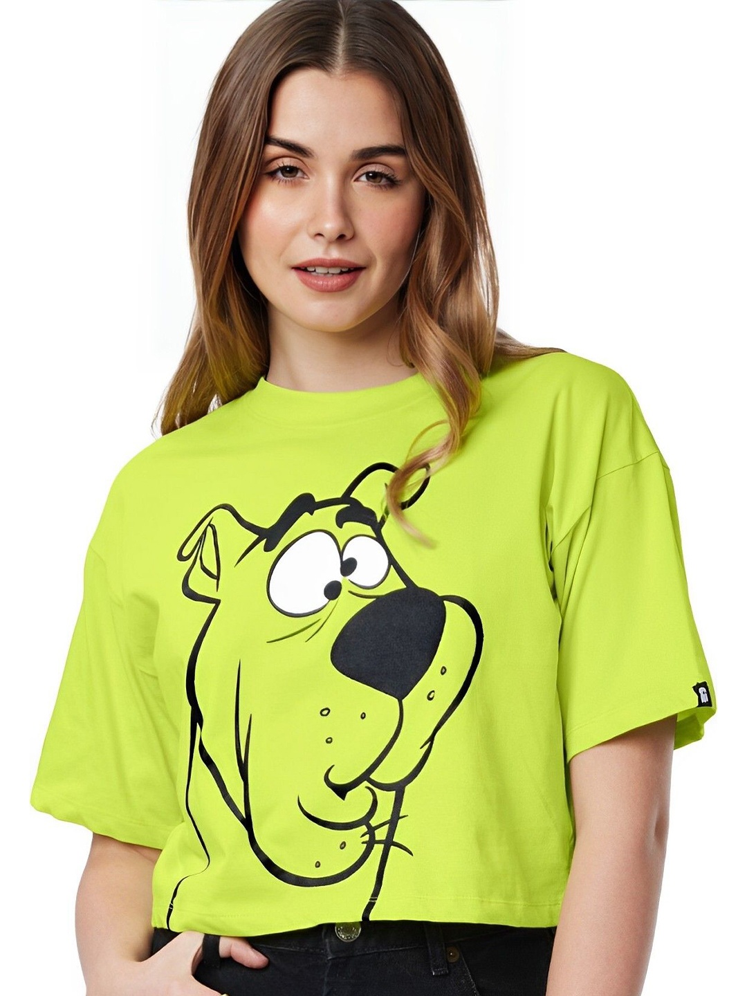

sollobell Scooby-Doo Printed Drop-Shoulder Sleeves Baggy Crop T-shirt, Green