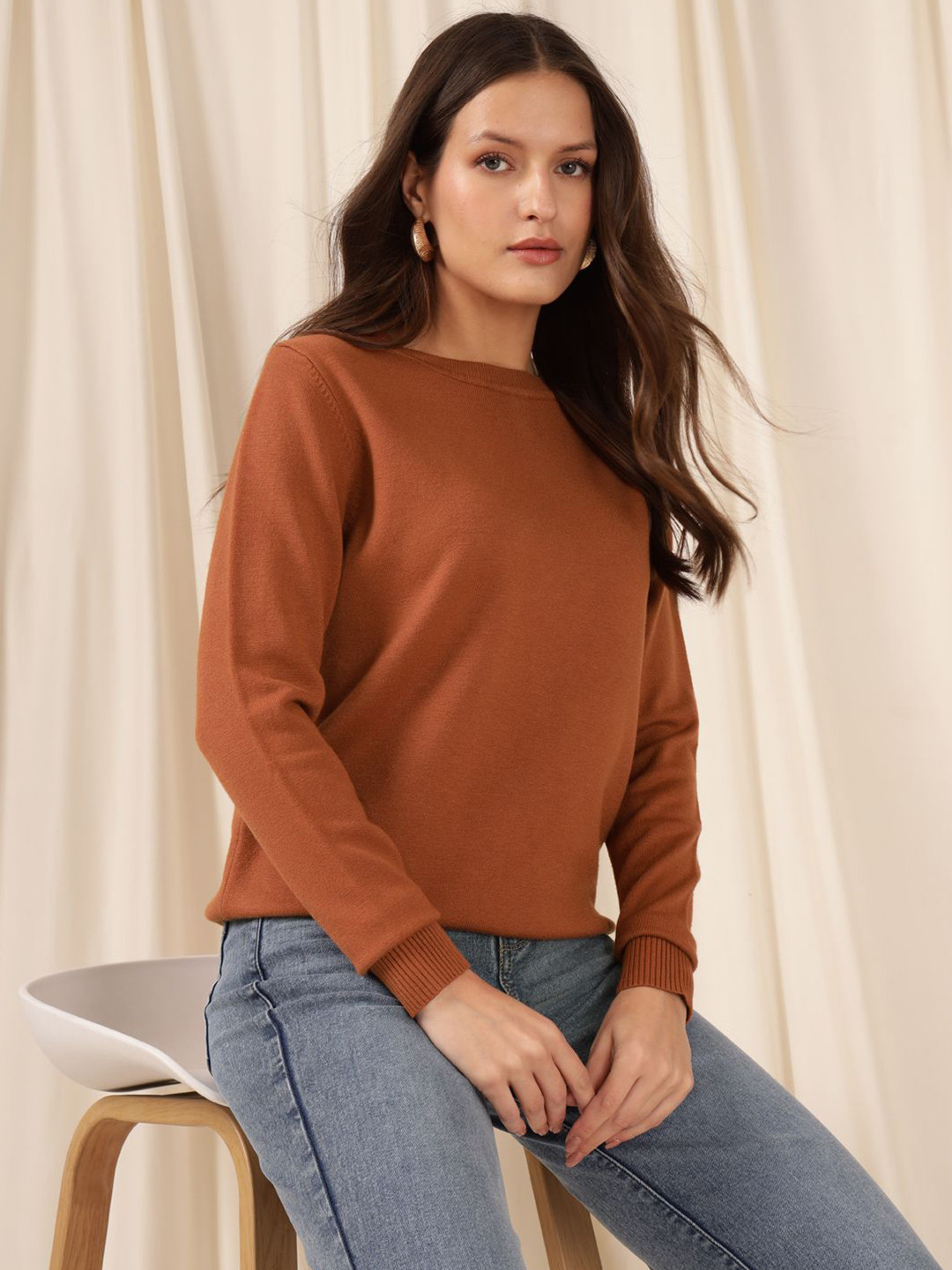 

Xpose Women Round Neck Pullover Sweater, Rust