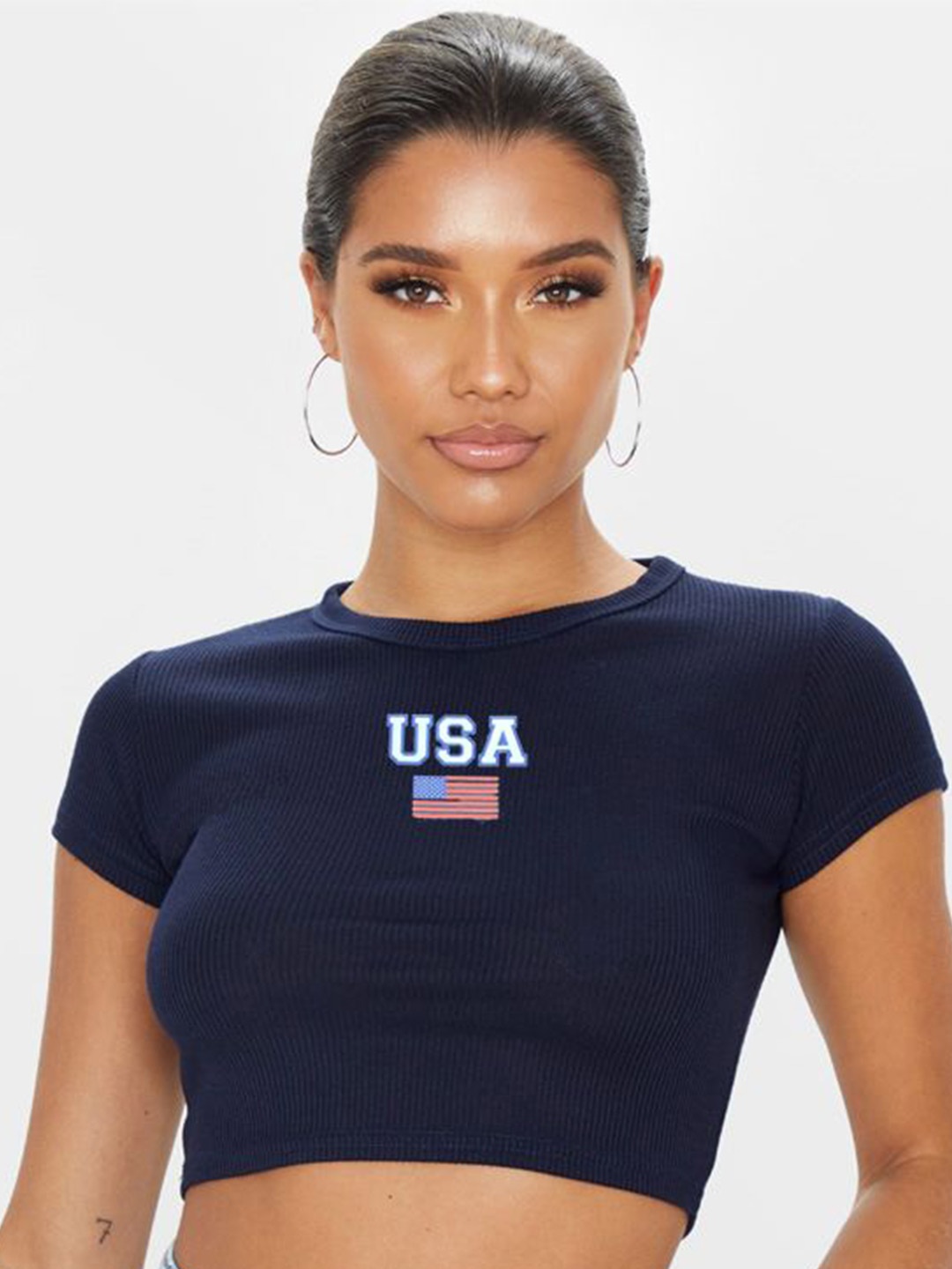 

sollobell Women Cotton Self Design Crop Top, Navy blue