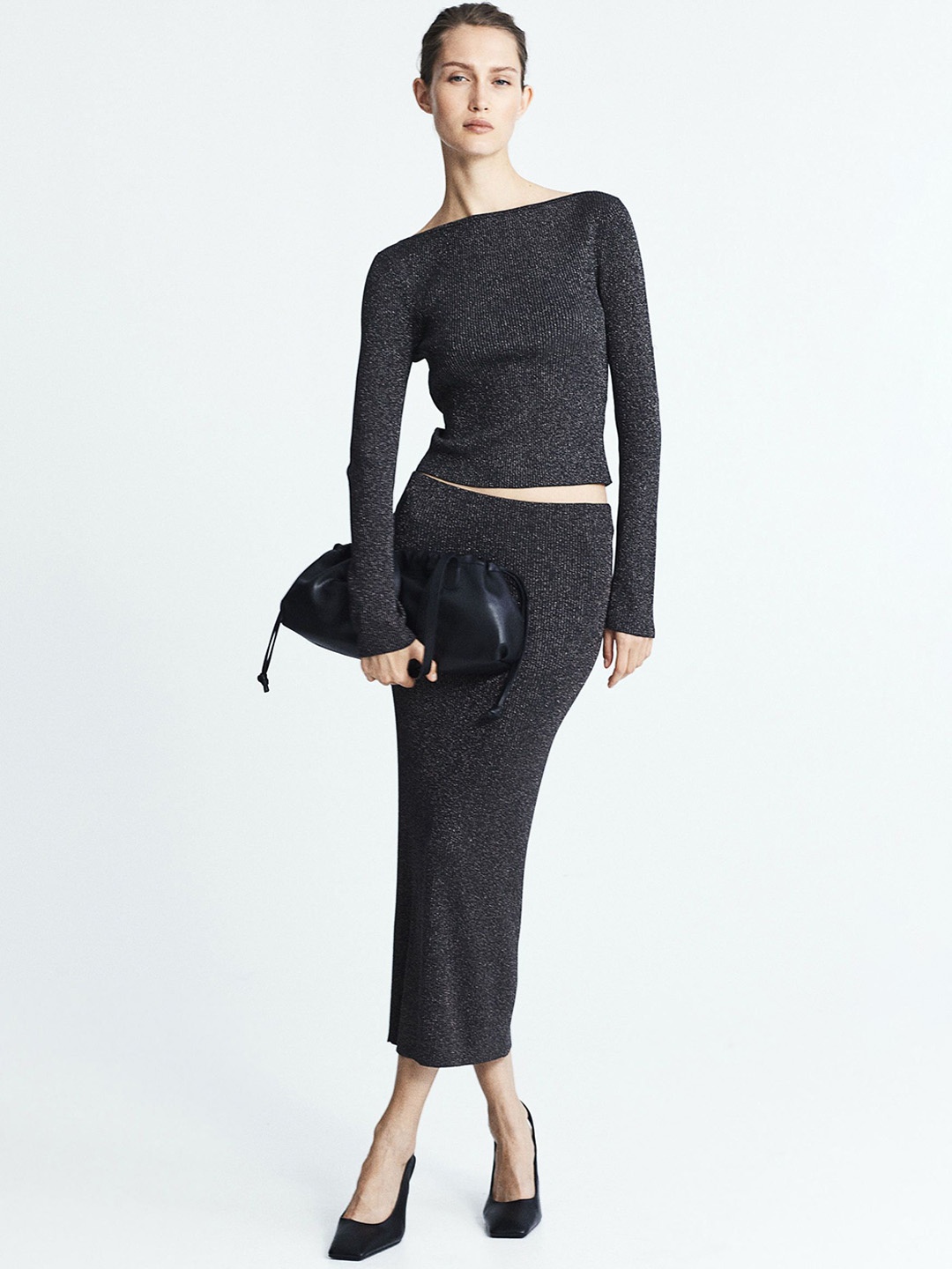 

H&M Glittery Rib-Knit Skirt, Black
