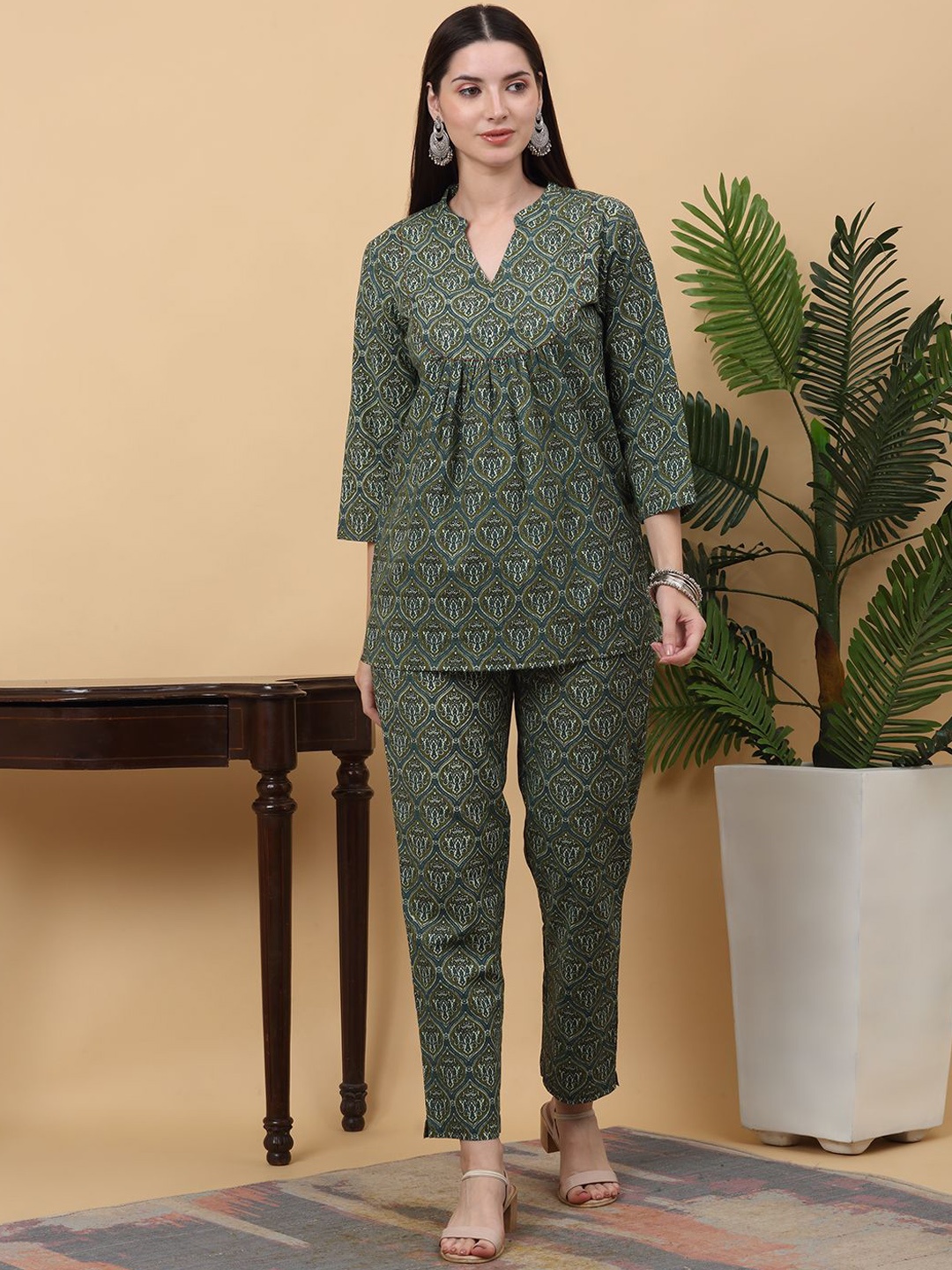 

KALINI Printed Pure Cotton Tunic With Trousers, Green