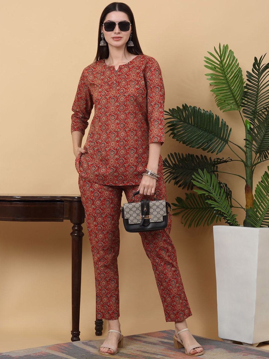 

KALINI Printed Round Neck three-Quarter Sleeves Pure Cotton Top With Palazzo, Red