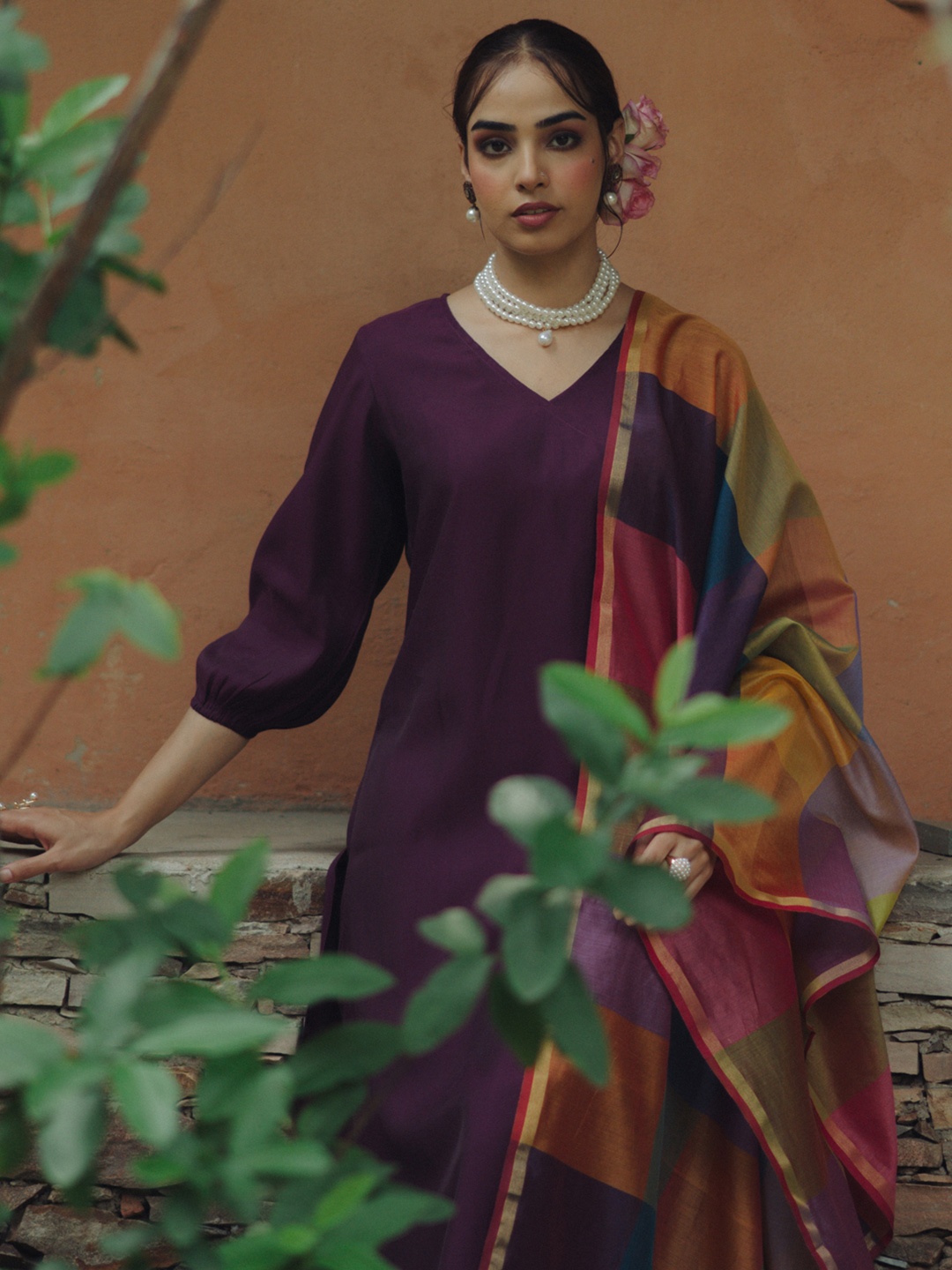 

anayna V-Neck Regular Silk A-Line Kurta with Trousers & Dupatta, Purple