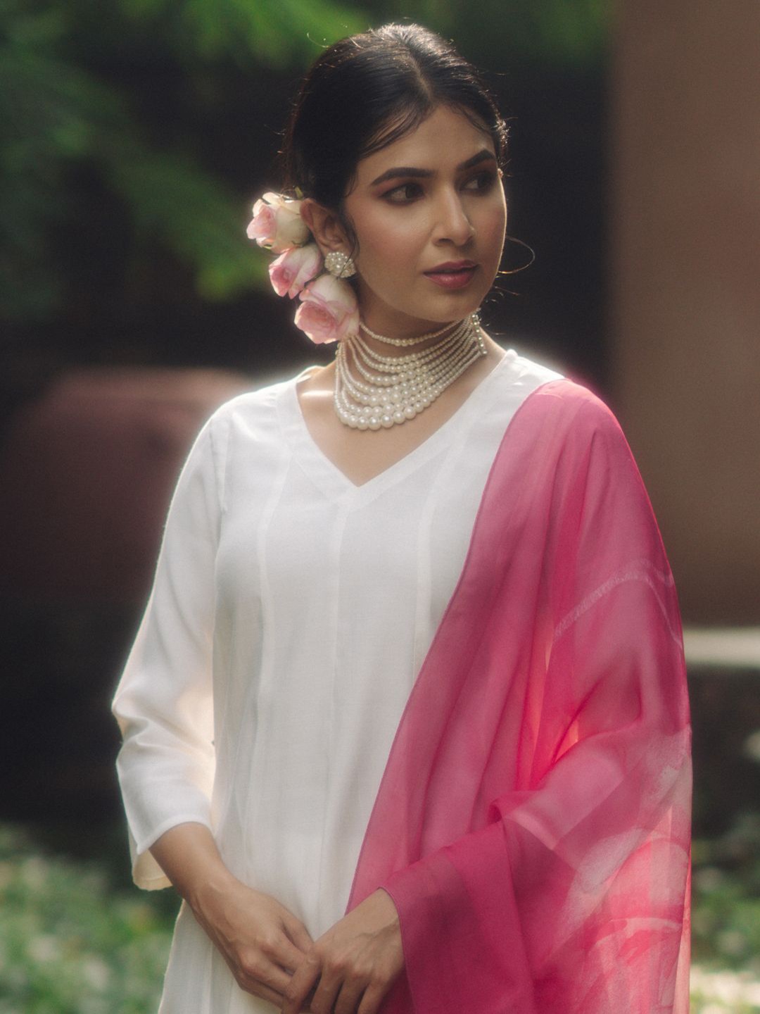

anayna V-Neck Panelled Silk Anarkali Kurta with Trousers & Dupatta, White