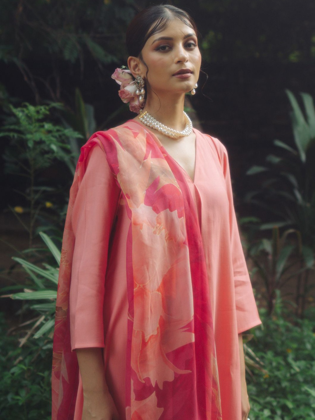 

anayna V-Neck Panelled Silk A-Line Kurta with Trousers & Dupatta, Peach