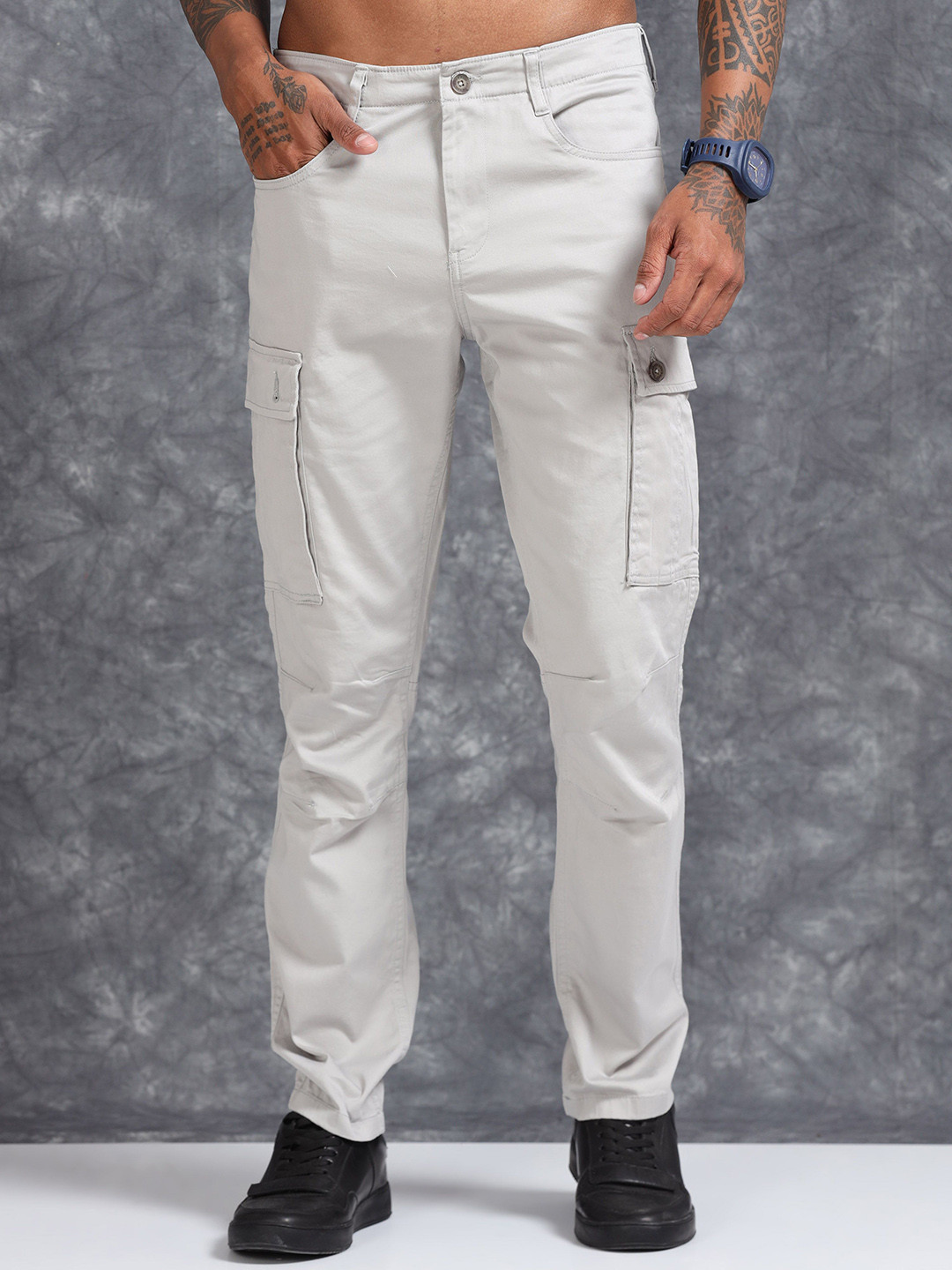 

RIGS AND RAGS Men Relaxed Fit Cargos Trousers, Grey