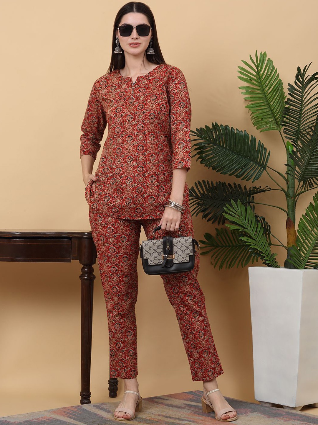 

KALINI Printed Pure Cotton Tunic With Trousers, Red
